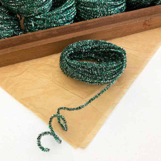 Mini Metallic Wired Tinsel Cord in Green + Silver ~ 1/8" wide ~ 10 meter length
